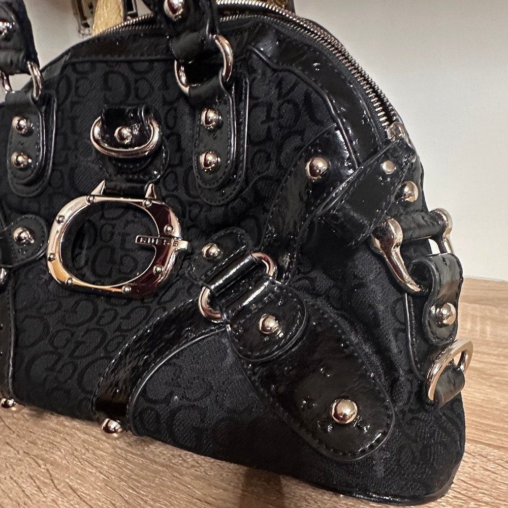 VTG GUESS Y2K Ostrich Print Shoulder Bag Black Patent Leather Indie Sleaze Glam - Picture 11 of 14